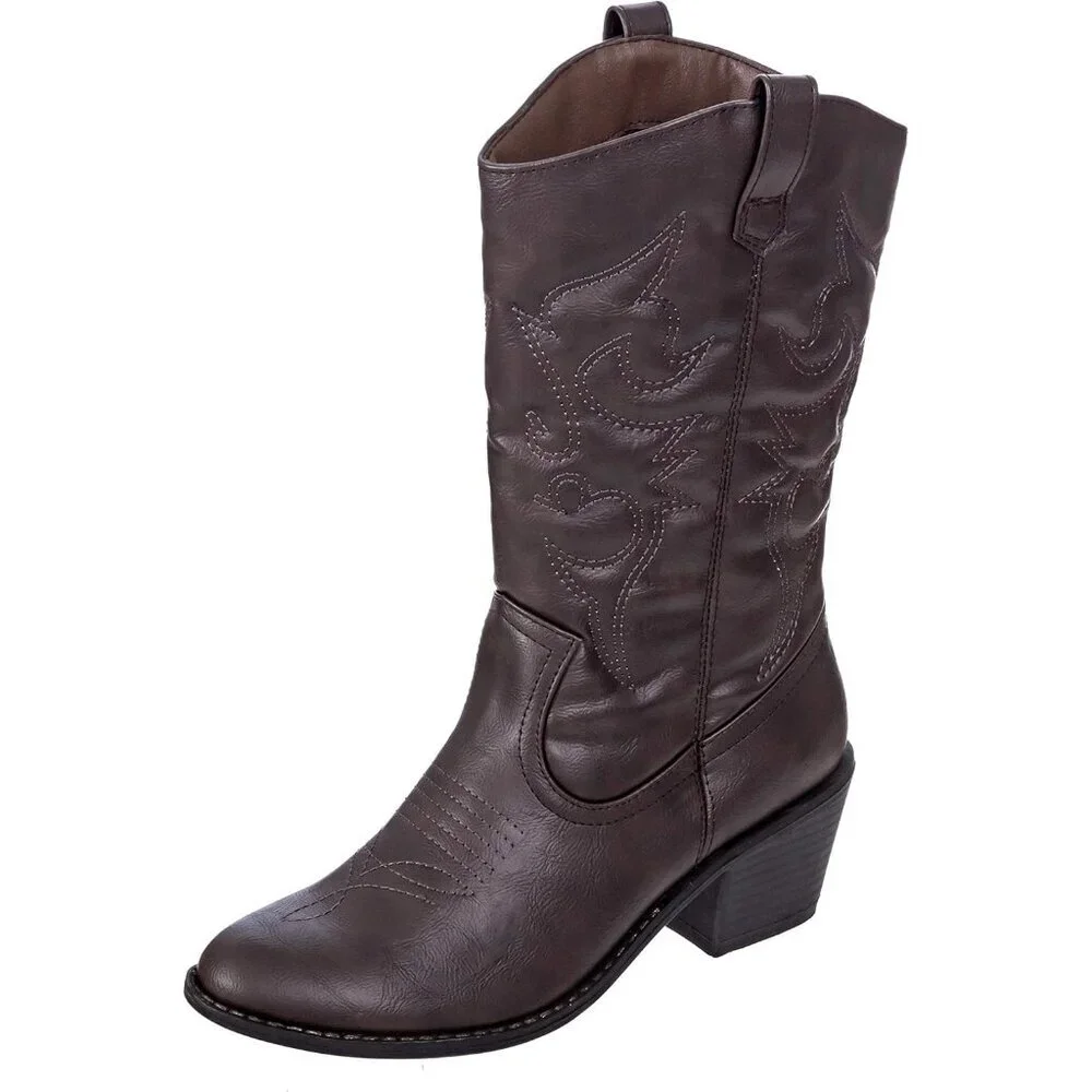 Women's Brown Mid Calf Boot Embroidered Stiching Western Cowgirl Boots Low Heel